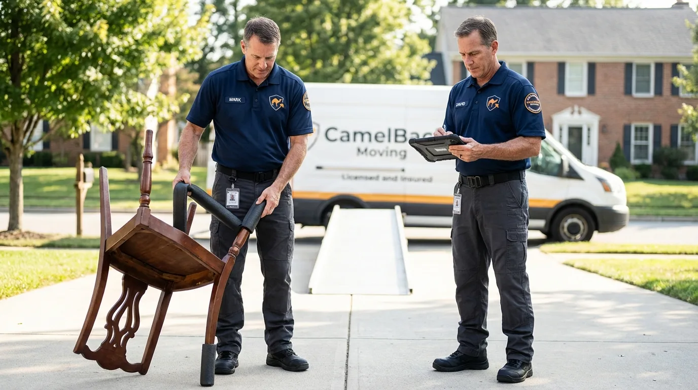 Movers inspecting furniture for damage prevention before loading in Clancy, MT